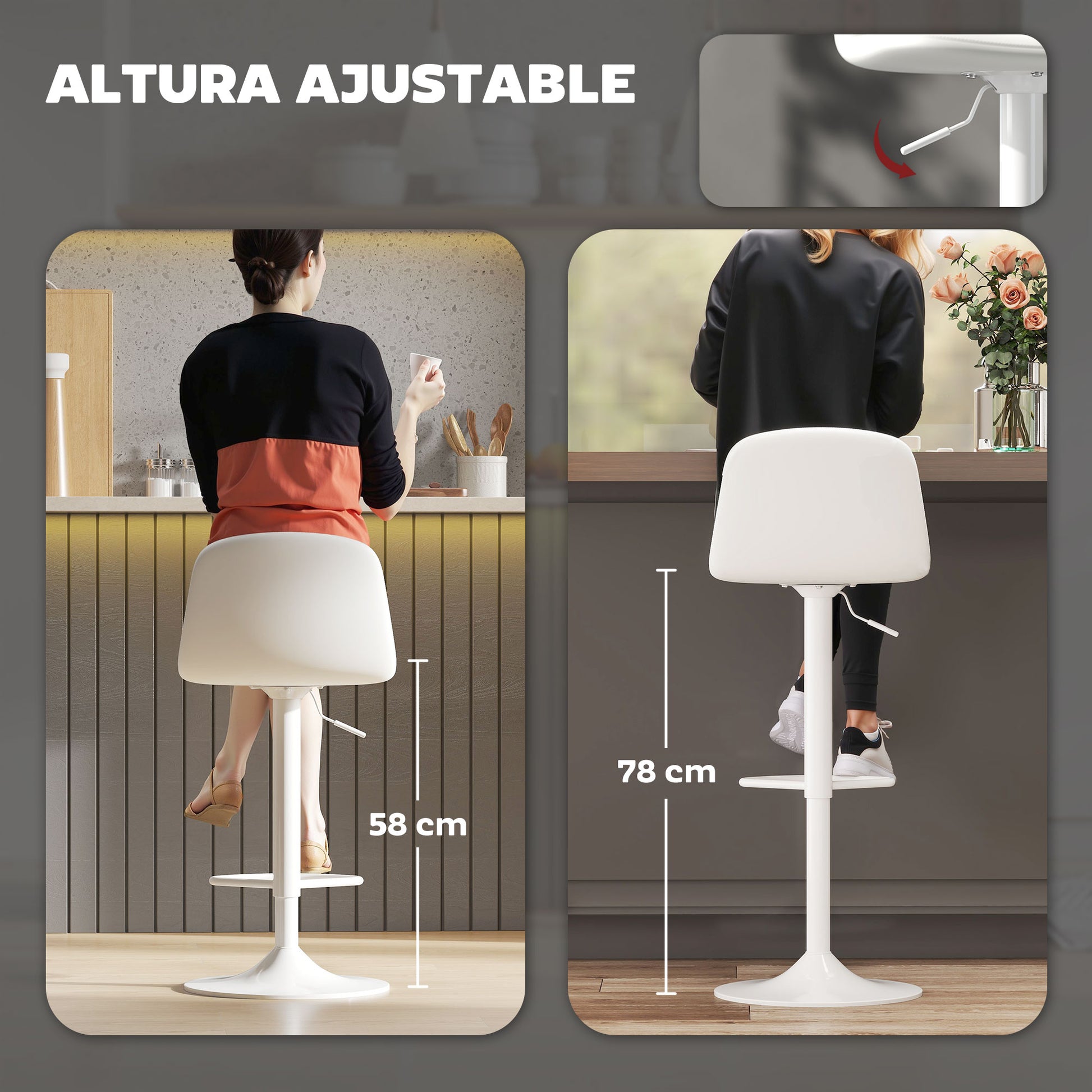 Set of 2 Bar Stools High Kitchen Stools Adjustable Height 84-104 cm with Backrest and Footrest Upholstered in PU 360° Swivel for Dining Counter White
