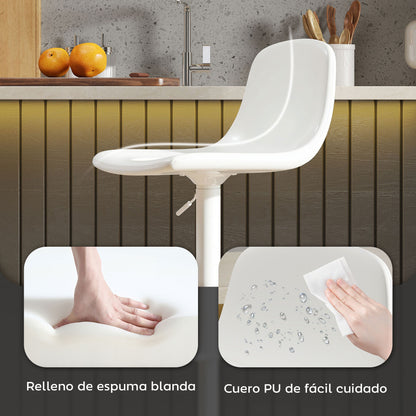 Set of 2 Bar Stools High Kitchen Stools Adjustable Height 84-104 cm with Backrest and Footrest Upholstered in PU 360° Swivel for Dining Counter White