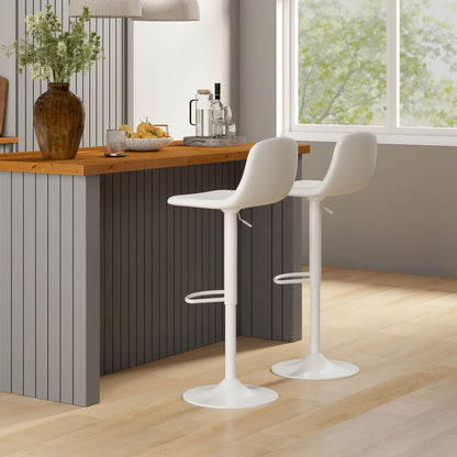 Set of 2 Bar Stools High Kitchen Stools Adjustable Height 84-104 cm with Backrest and Footrest Upholstered in PU 360° Swivel for Dining Counter White