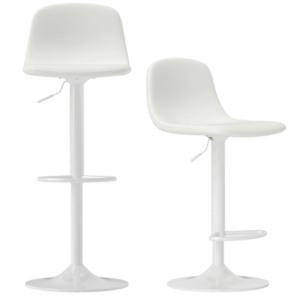 Set of 2 Bar Stools High Kitchen Stools Adjustable Height 84-104 cm with Backrest and Footrest Upholstered in PU 360° Swivel for Dining Counter White