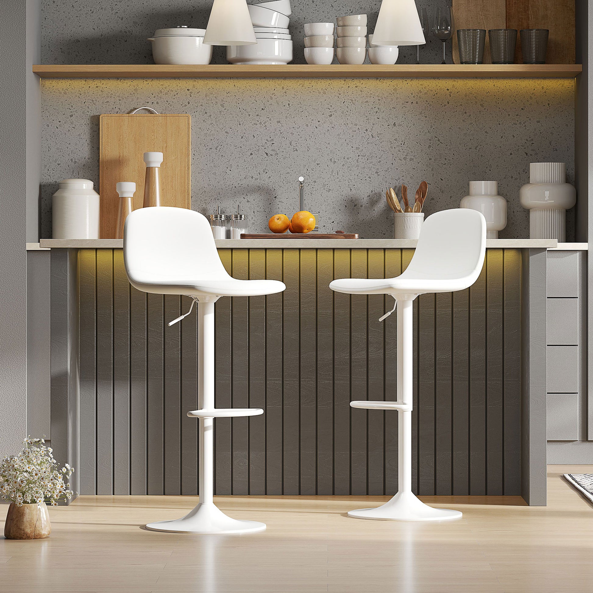 Set of 2 Bar Stools High Kitchen Stools Adjustable Height 84-104 cm with Backrest and Footrest Upholstered in PU 360° Swivel for Dining Counter White