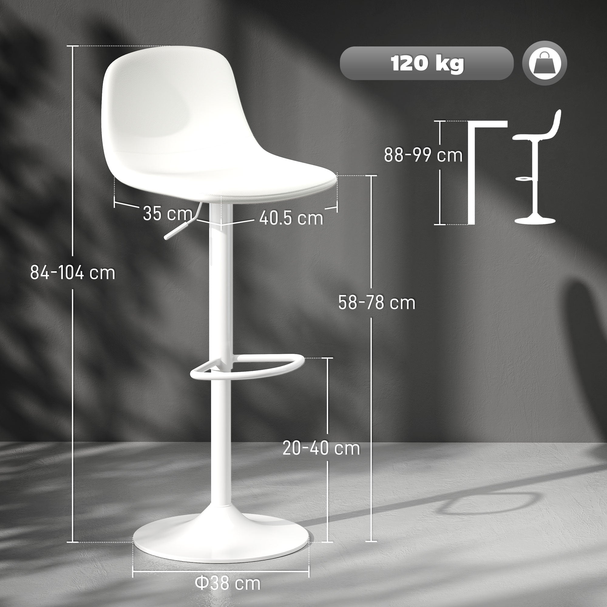 Set of 2 Bar Stools High Kitchen Stools Adjustable Height 84-104 cm with Backrest and Footrest Upholstered in PU 360° Swivel for Dining Counter White