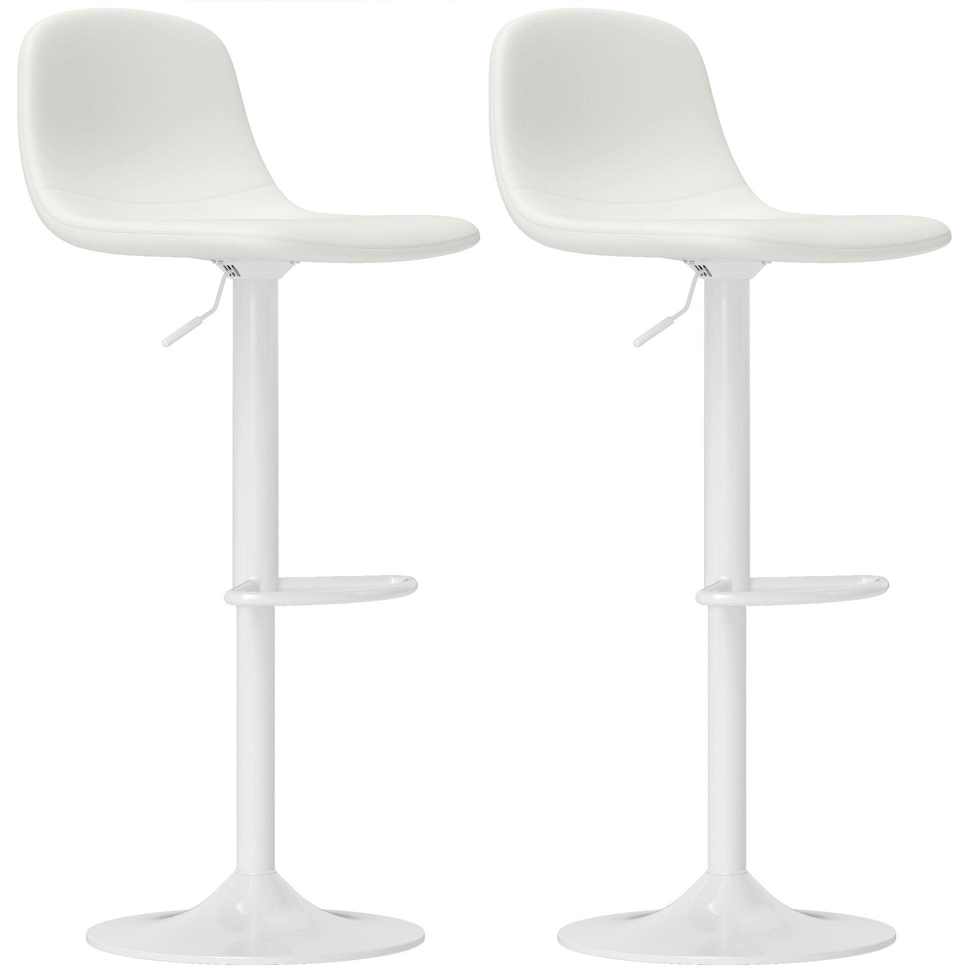 Set of 2 Bar Stools High Kitchen Stools Adjustable Height 84-104 cm with Backrest and Footrest Upholstered in PU 360° Swivel for Dining Counter White