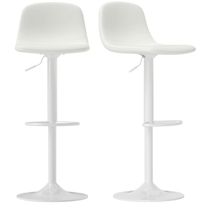 Set of 2 Bar Stools High Kitchen Stools Adjustable Height 84-104 cm with Backrest and Footrest Upholstered in PU 360° Swivel for Dining Counter White