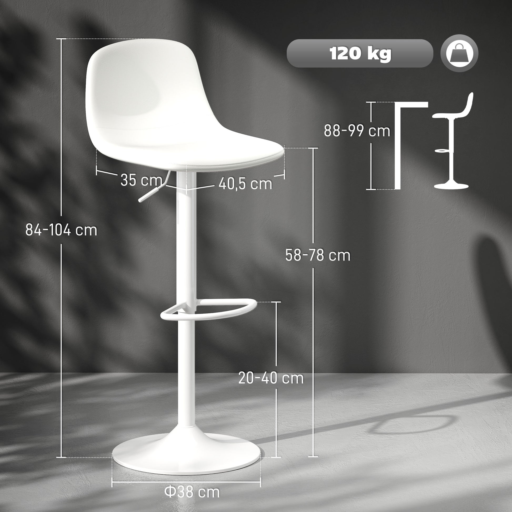Set of 2 Bar Stools High Kitchen Stools Adjustable Height 84-104 cm with Backrest and Footrest Upholstered in PU 360° Swivel for Dining Counter White