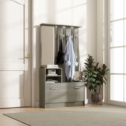 4 in 1 Entryway Furniture Set with Coat Rack, Mirror, Bench with Shelf and Shoe Rack for 8 Pairs of Shoes, Gray