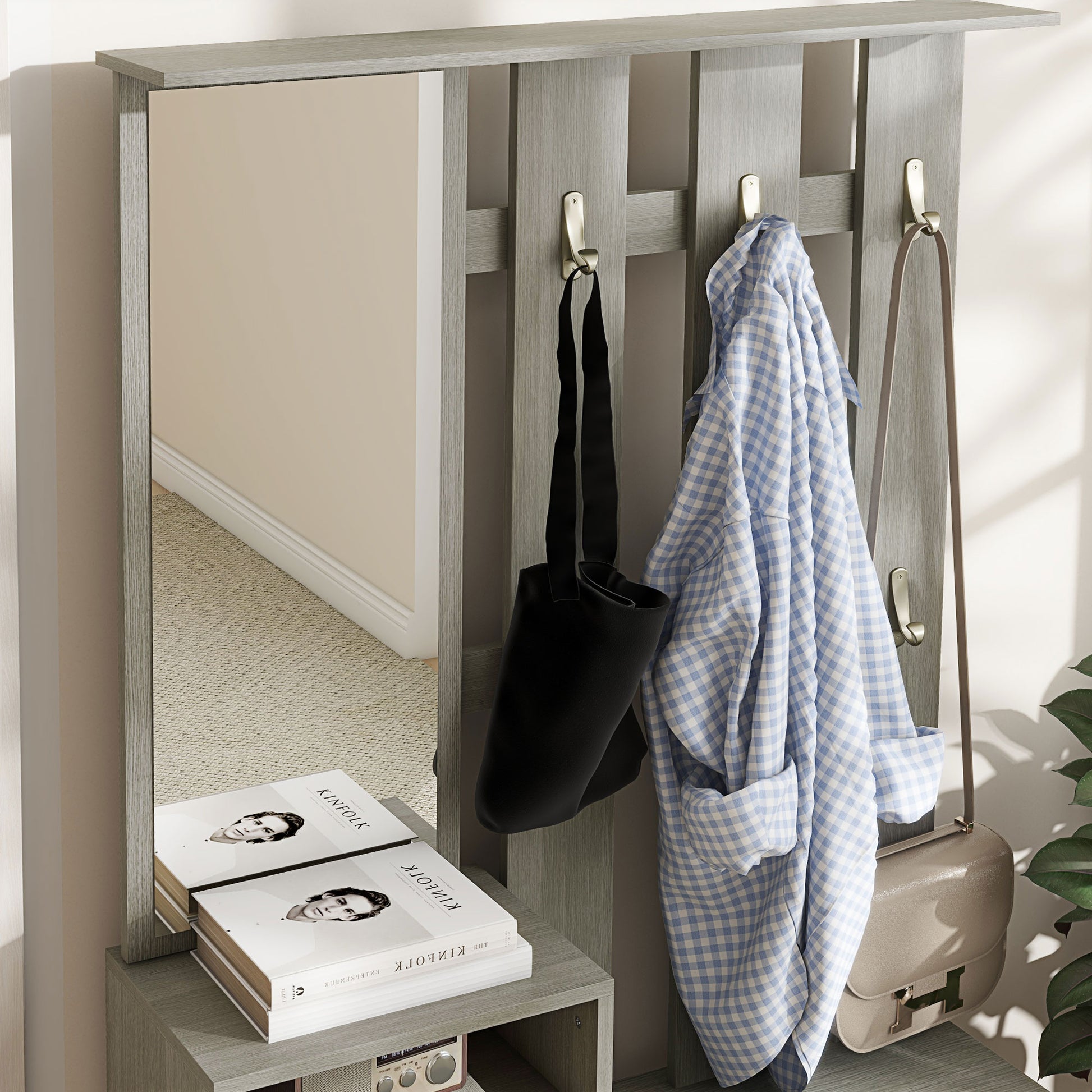 4 in 1 Entryway Furniture Set with Coat Rack, Mirror, Bench with Shelf and Shoe Rack for 8 Pairs of Shoes, Gray