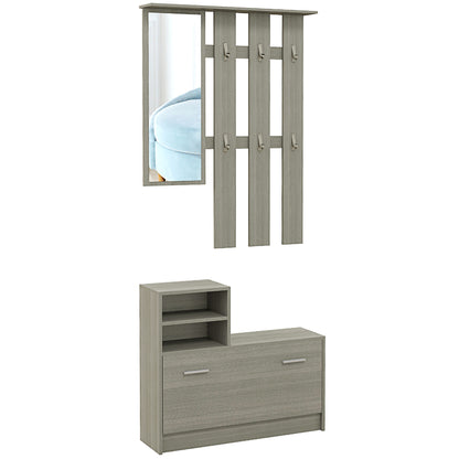 4 in 1 Entryway Furniture Set with Coat Rack, Mirror, Bench with Shelf and Shoe Rack for 8 Pairs of Shoes, Gray
