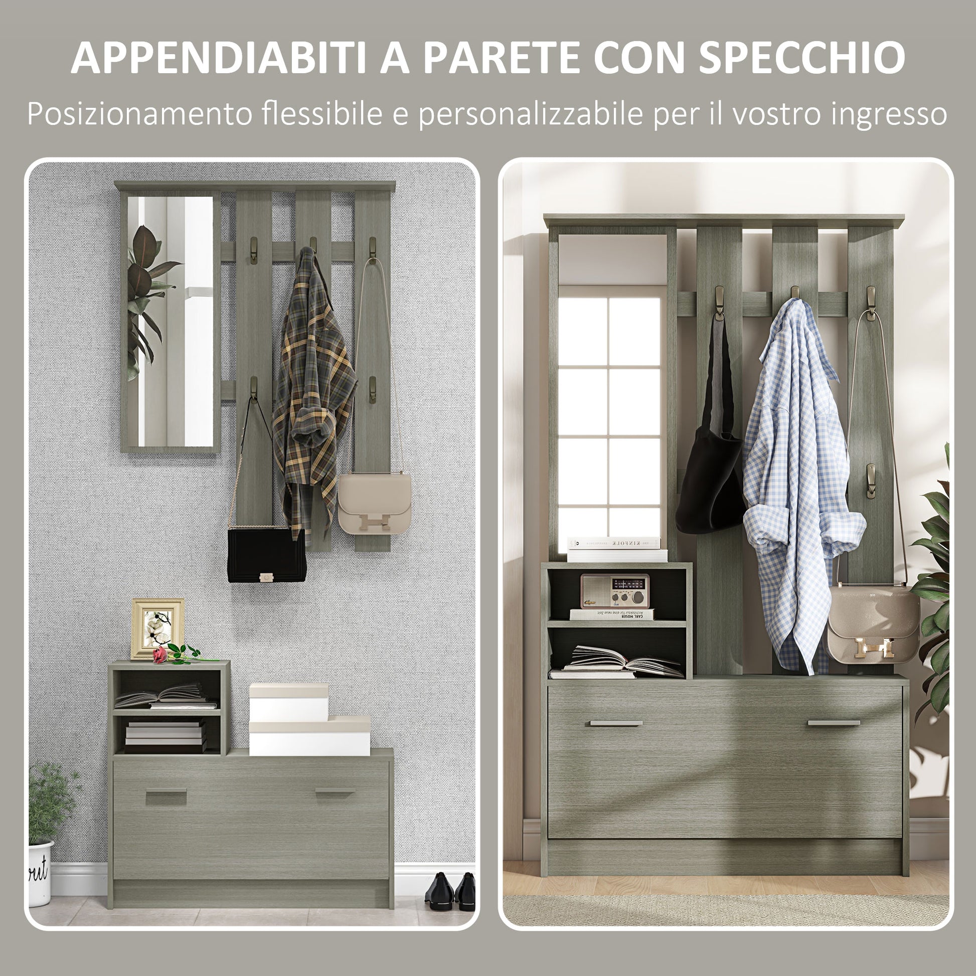 4 in 1 Entryway Furniture Set with Coat Rack, Mirror, Bench with Shelf and Shoe Rack for 8 Pairs of Shoes, Gray