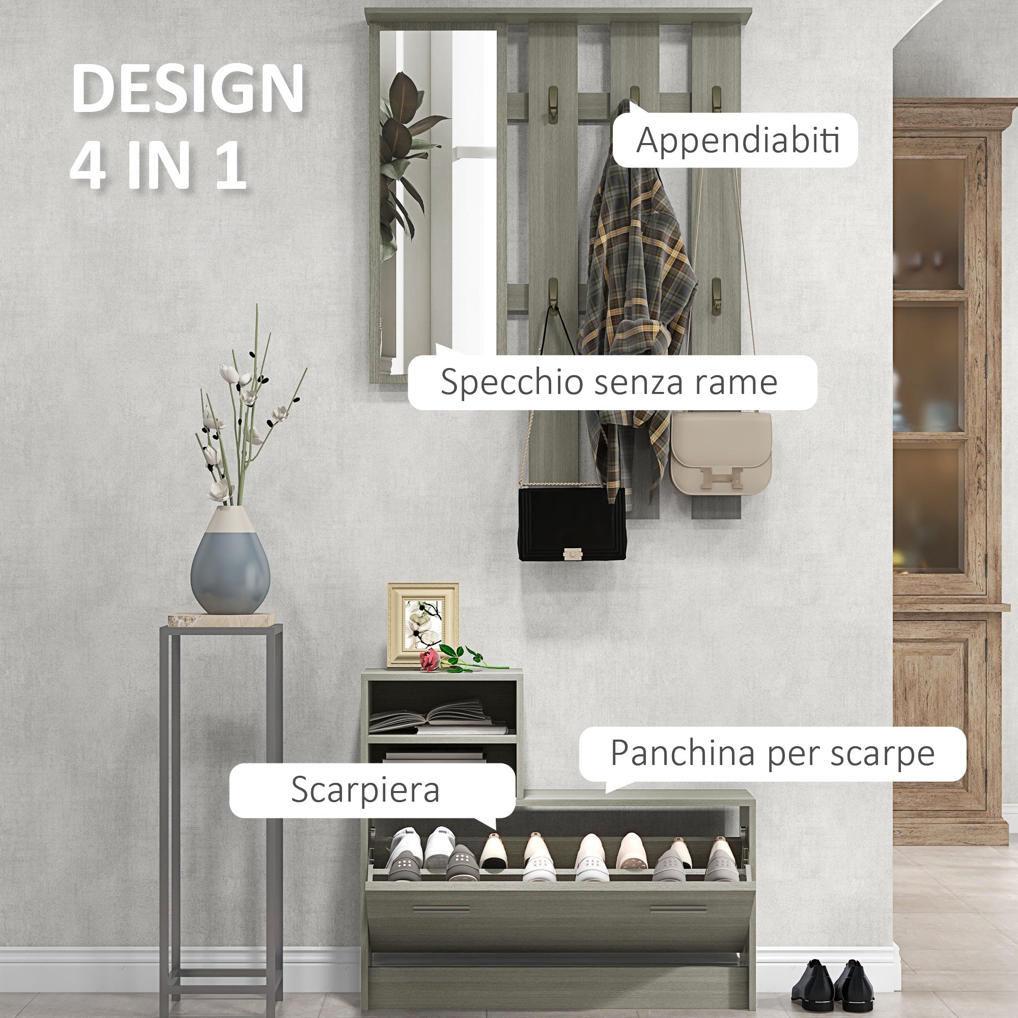 4 in 1 Entryway Furniture Set with Coat Rack, Mirror, Bench with Shelf and Shoe Rack for 8 Pairs of Shoes, Gray