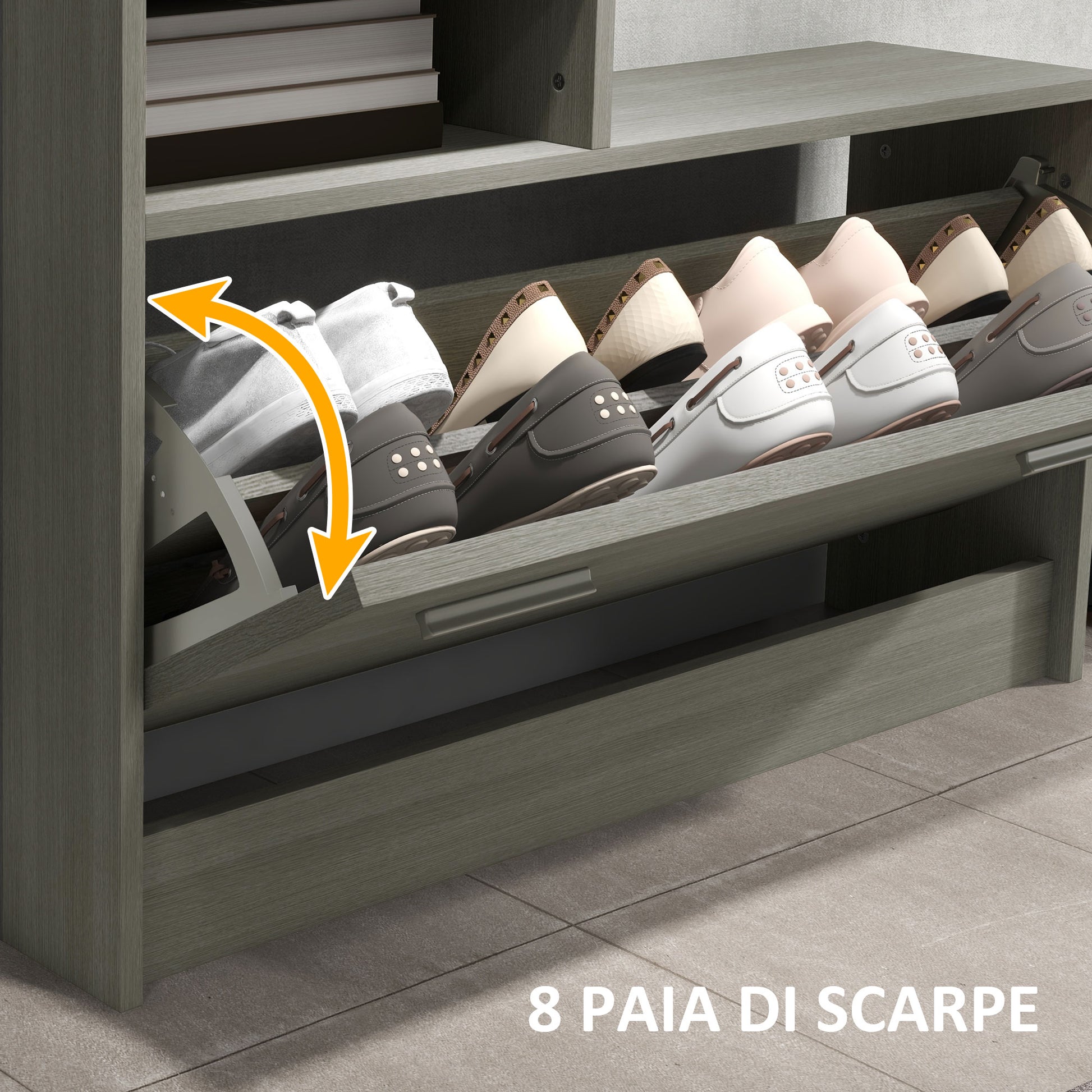 4 in 1 Entryway Furniture Set with Coat Rack, Mirror, Bench with Shelf and Shoe Rack for 8 Pairs of Shoes, Gray