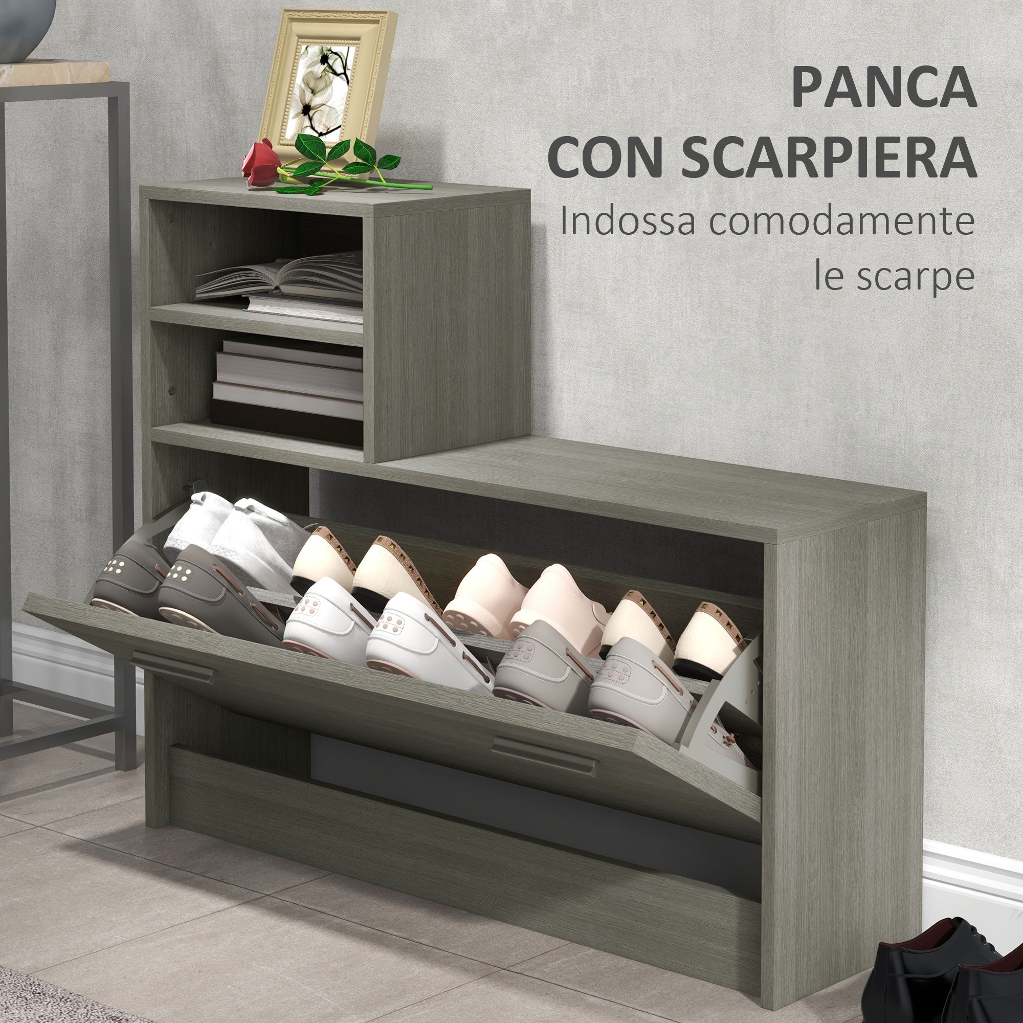 4 in 1 Entryway Furniture Set with Coat Rack, Mirror, Bench with Shelf and Shoe Rack for 8 Pairs of Shoes, Gray