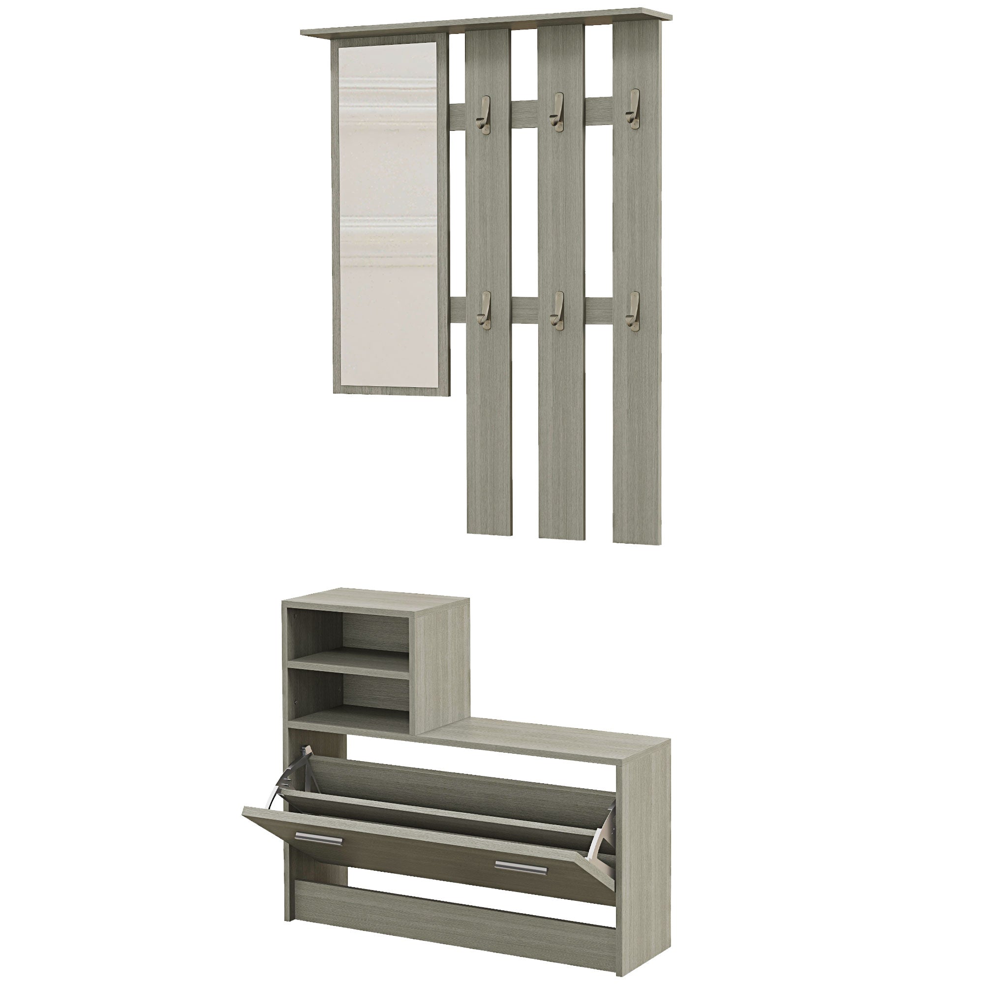 4 in 1 Entryway Furniture Set with Coat Rack, Mirror, Bench with Shelf and Shoe Rack for 8 Pairs of Shoes, Gray