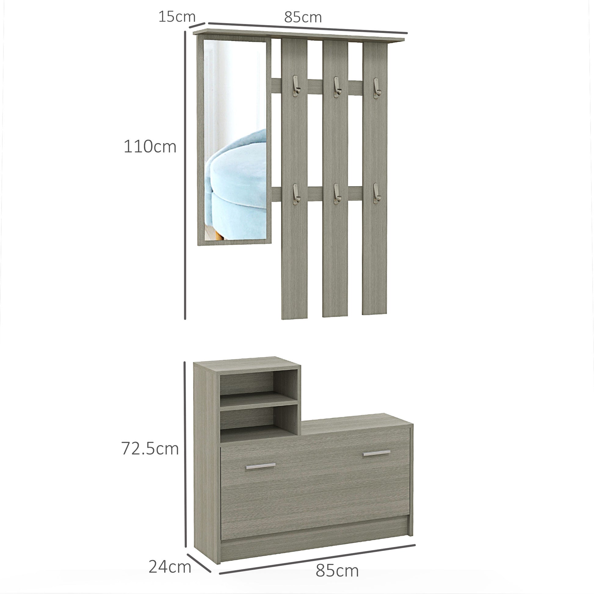 4 in 1 Entryway Furniture Set with Coat Rack, Mirror, Bench with Shelf and Shoe Rack for 8 Pairs of Shoes, Gray