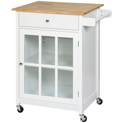 Multi-storage Rolling Kitchen Cart - Glass Door Cupboard with Adjustable Shelf, Drawer, Towel Holder - White Light Oak