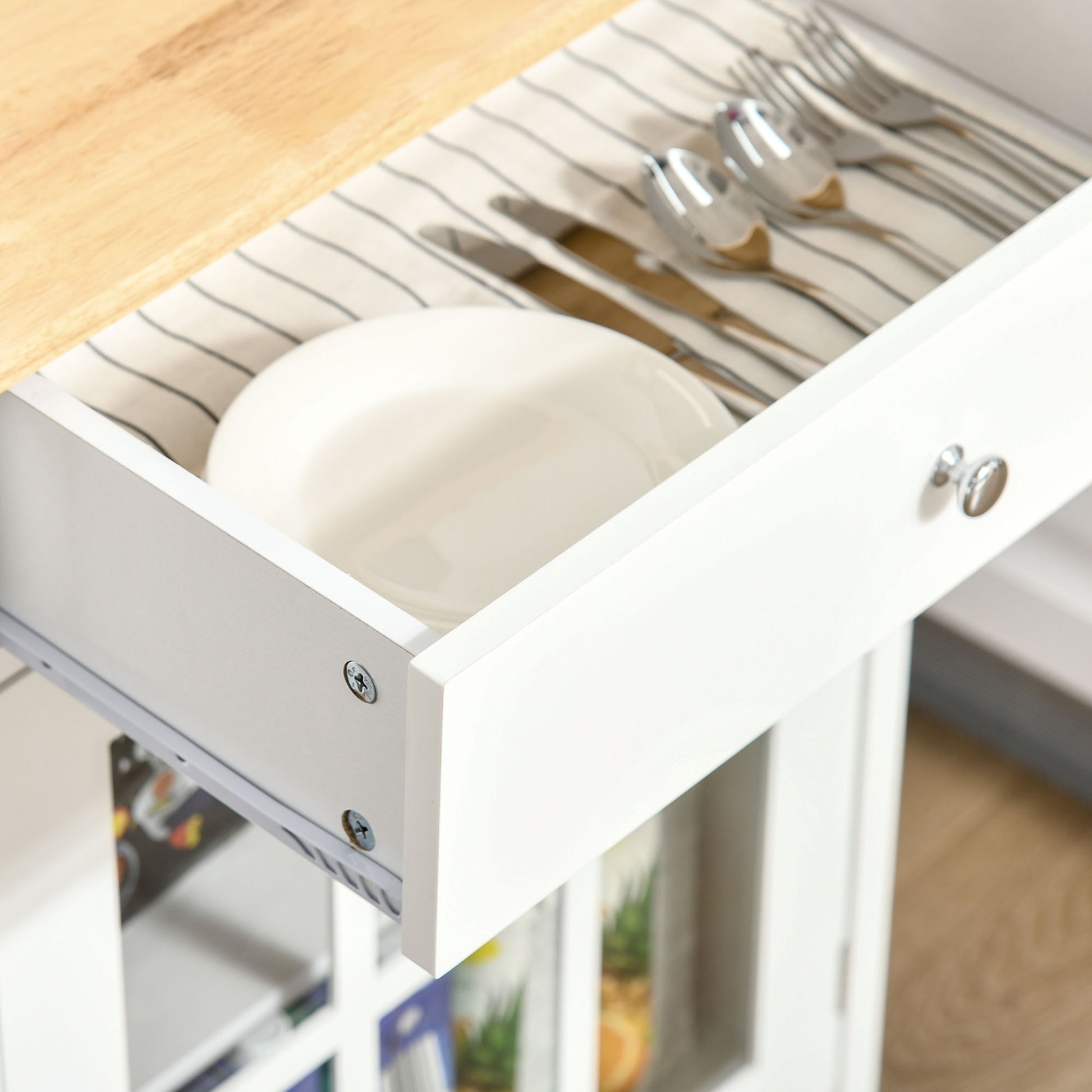 Multi-storage Rolling Kitchen Cart - Glass Door Cupboard with Adjustable Shelf, Drawer, Towel Holder - White Light Oak