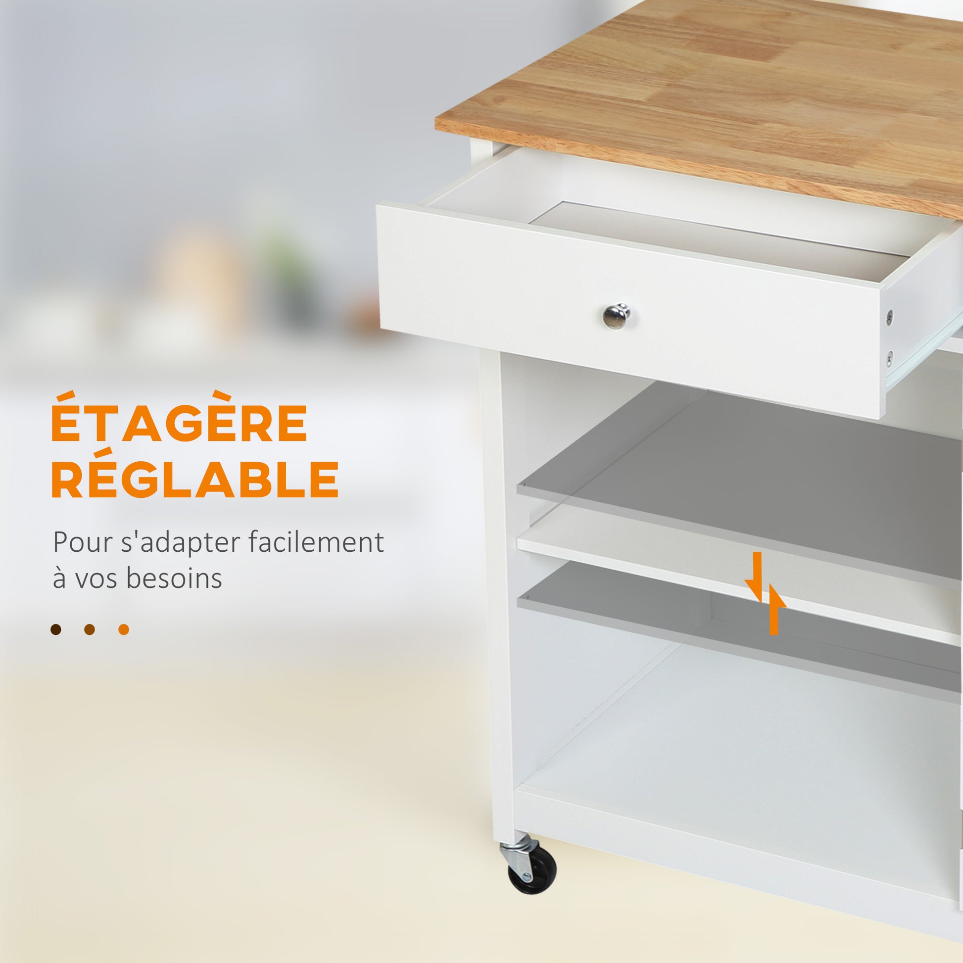 Multi-storage Rolling Kitchen Cart - Glass Door Cupboard with Adjustable Shelf, Drawer, Towel Holder - White Light Oak