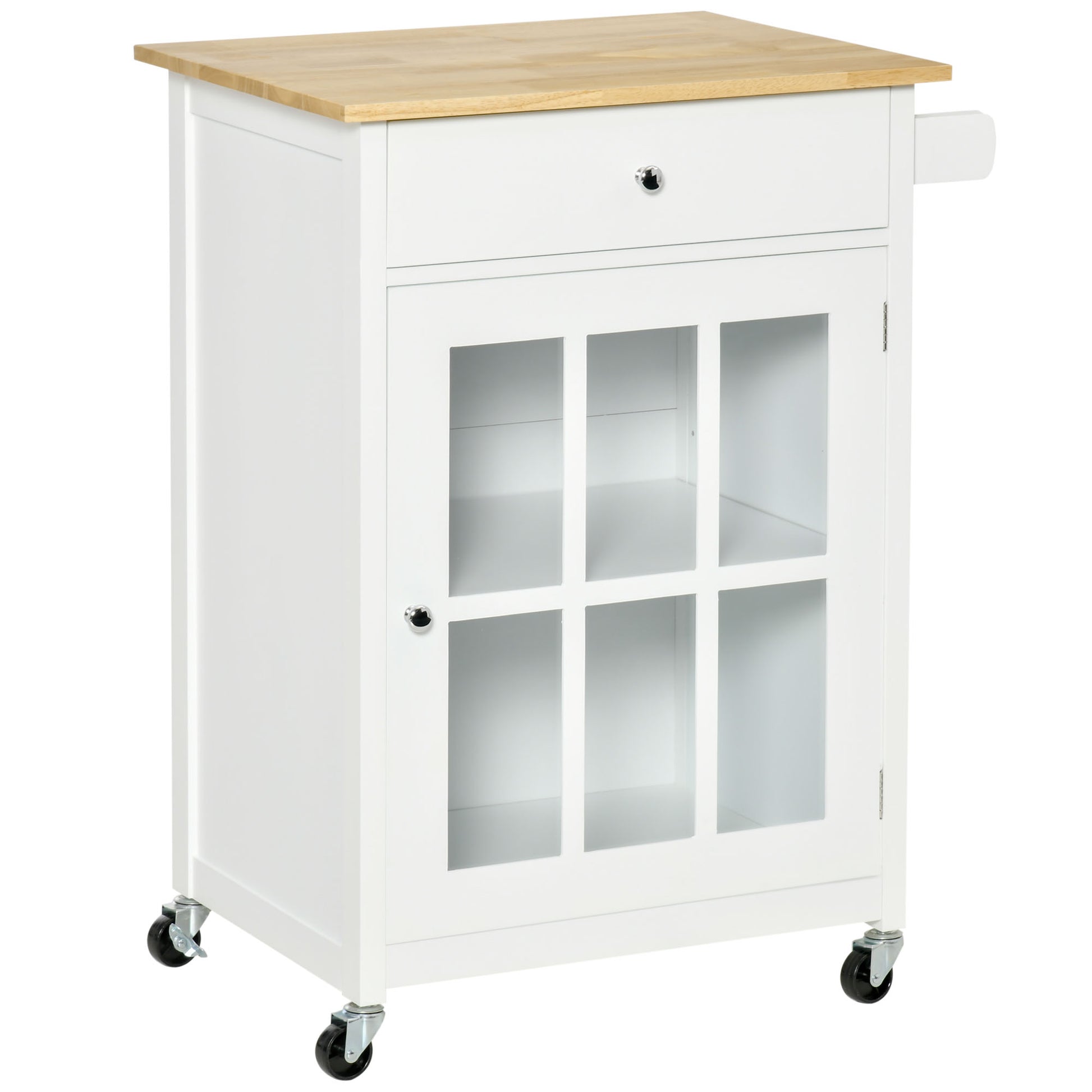 Multi-storage Rolling Kitchen Cart - Glass Door Cupboard with Adjustable Shelf, Drawer, Towel Holder - White Light Oak