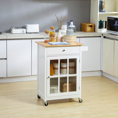 Multi-storage Rolling Kitchen Cart - Glass Door Cupboard with Adjustable Shelf, Drawer, Towel Holder - White Light Oak