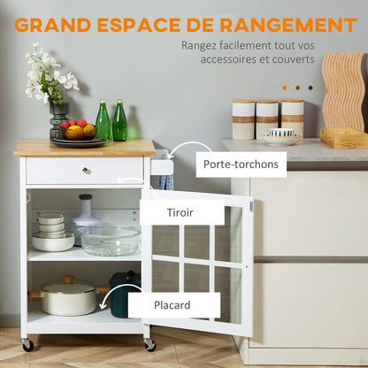 Multi-storage Rolling Kitchen Cart - Glass Door Cupboard with Adjustable Shelf, Drawer, Towel Holder - White Light Oak