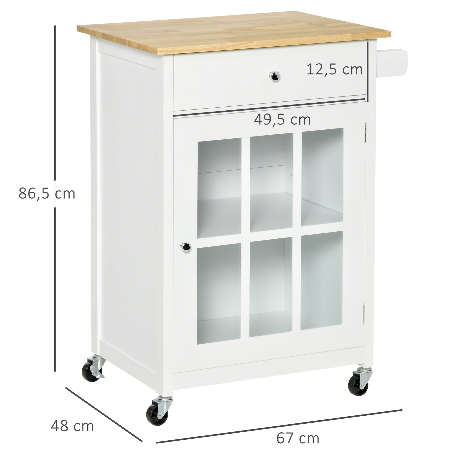 Multi-storage Rolling Kitchen Cart - Glass Door Cupboard with Adjustable Shelf, Drawer, Towel Holder - White Light Oak