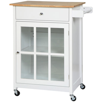 Multi-storage Rolling Kitchen Cart - Glass Door Cupboard with Adjustable Shelf, Drawer, Towel Holder - White Light Oak