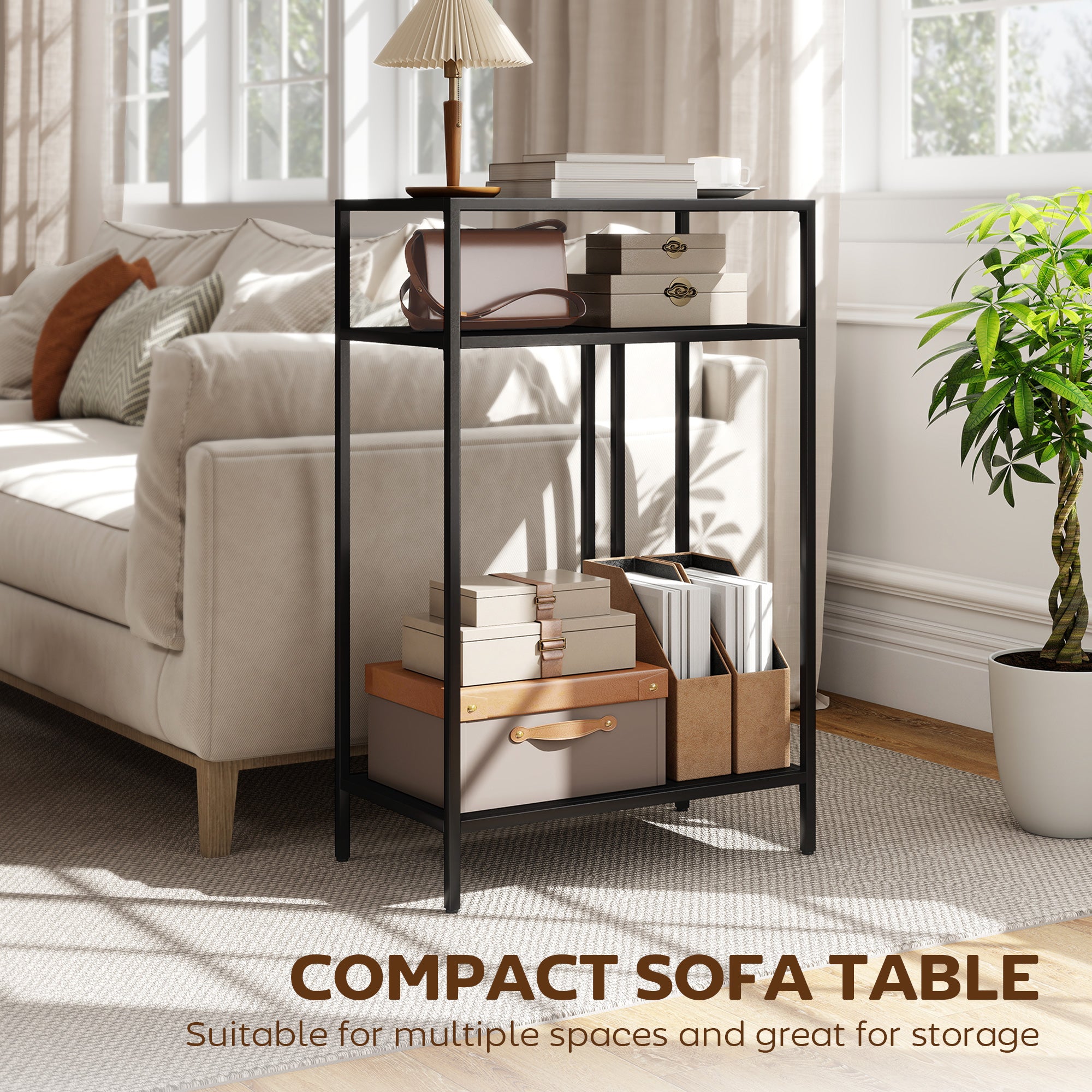 Narrow Console Table with 3 Tiers, Industrial Metal Side Table for Living Room & Hallway, 55 x 30 x 85 cm (21.7 x 11.8 x 33.5 in), Black