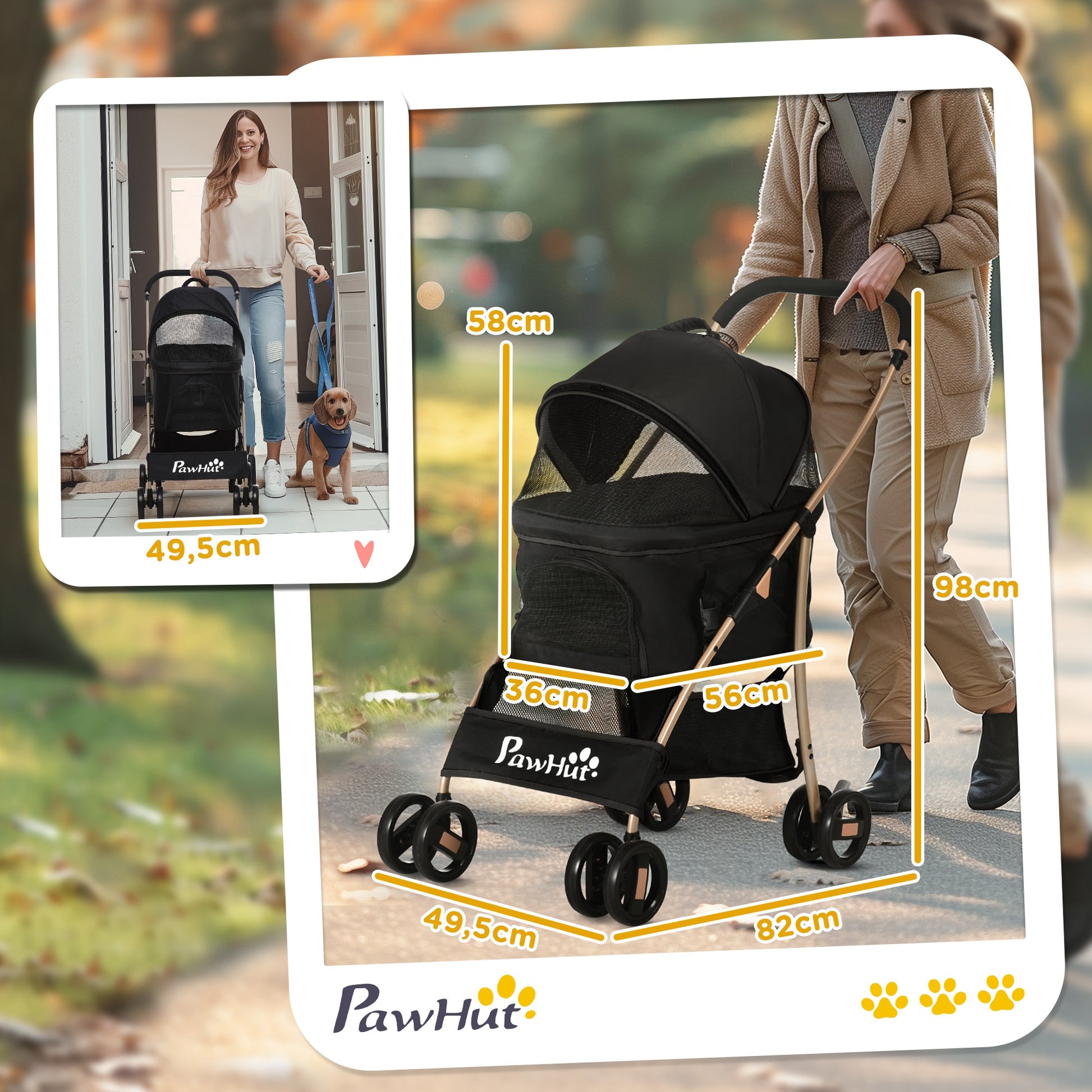 Dog Stroller, 2 in 1 Dog Trolley, Carrying Bag, Foldable Dog Buggy with Cushion, Cat Stroller for Small Dogs, Cats, Cat Buggy with 4 Wheels, Mesh Window, Oxford Fabric, Black