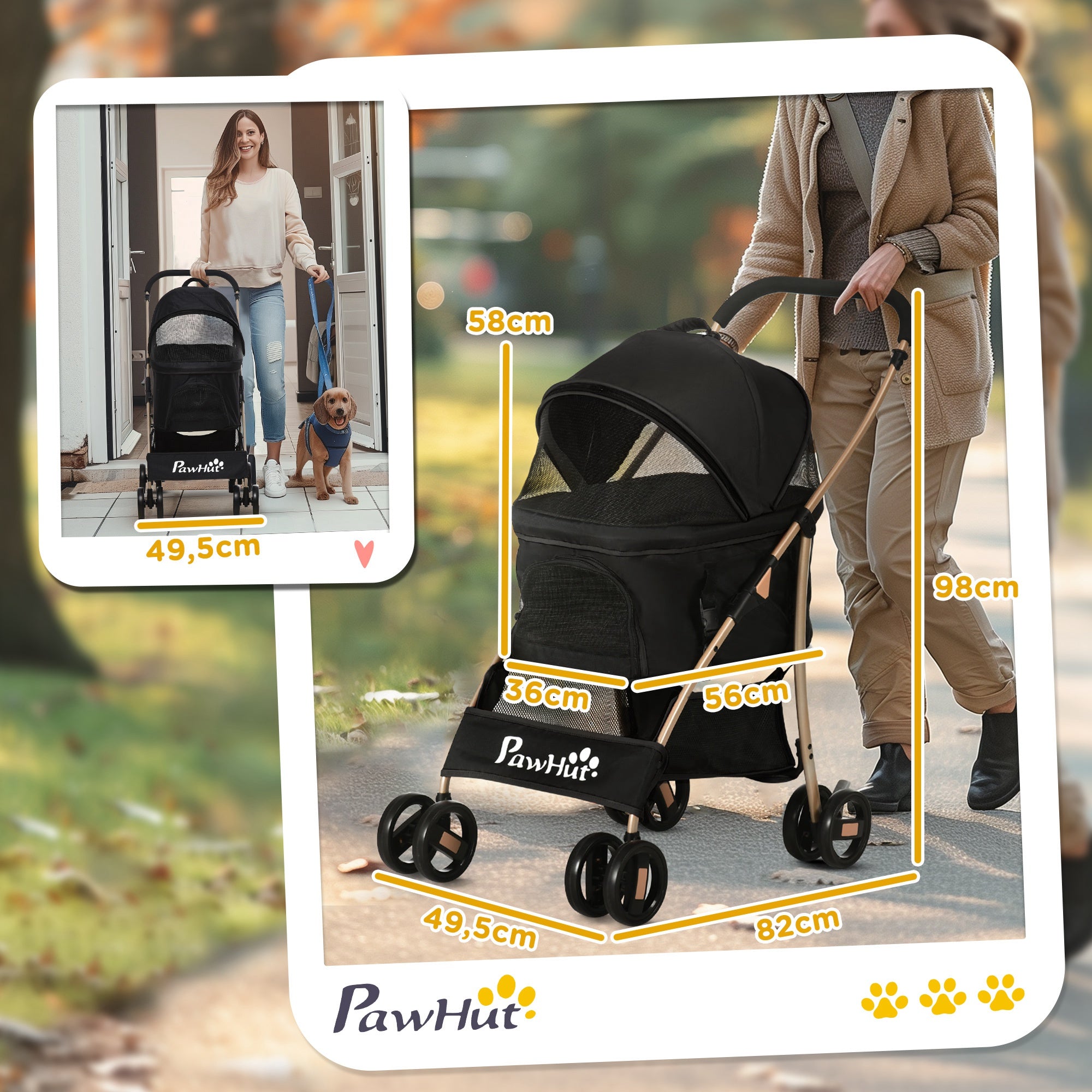 Dog Stroller, 2 in 1 Dog Trolley, Carrying Bag, Foldable Dog Buggy with Cushion, Cat Stroller for Small Dogs, Cats, Cat Buggy with 4 Wheels, Mesh Window, Oxford Fabric, Black