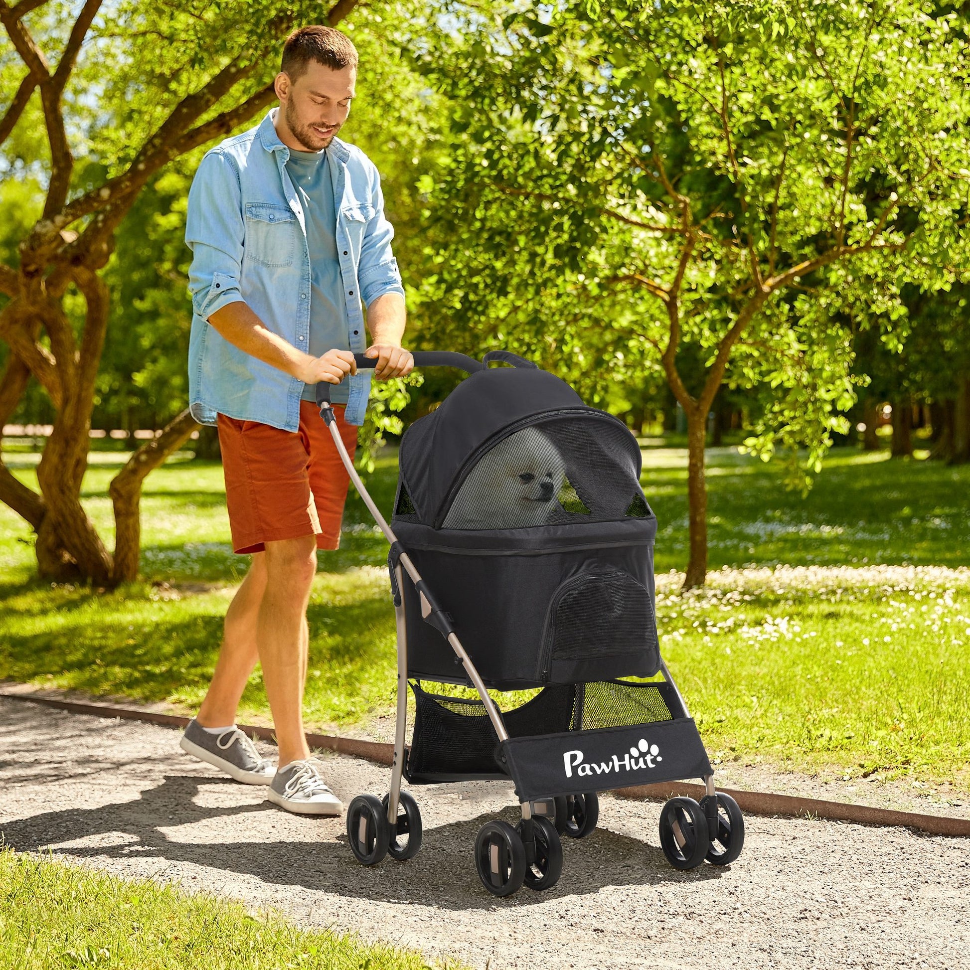 Dog Stroller, 2 in 1 Dog Trolley, Carrying Bag, Foldable Dog Buggy with Cushion, Cat Stroller for Small Dogs, Cats, Cat Buggy with 4 Wheels, Mesh Window, Oxford Fabric, Black