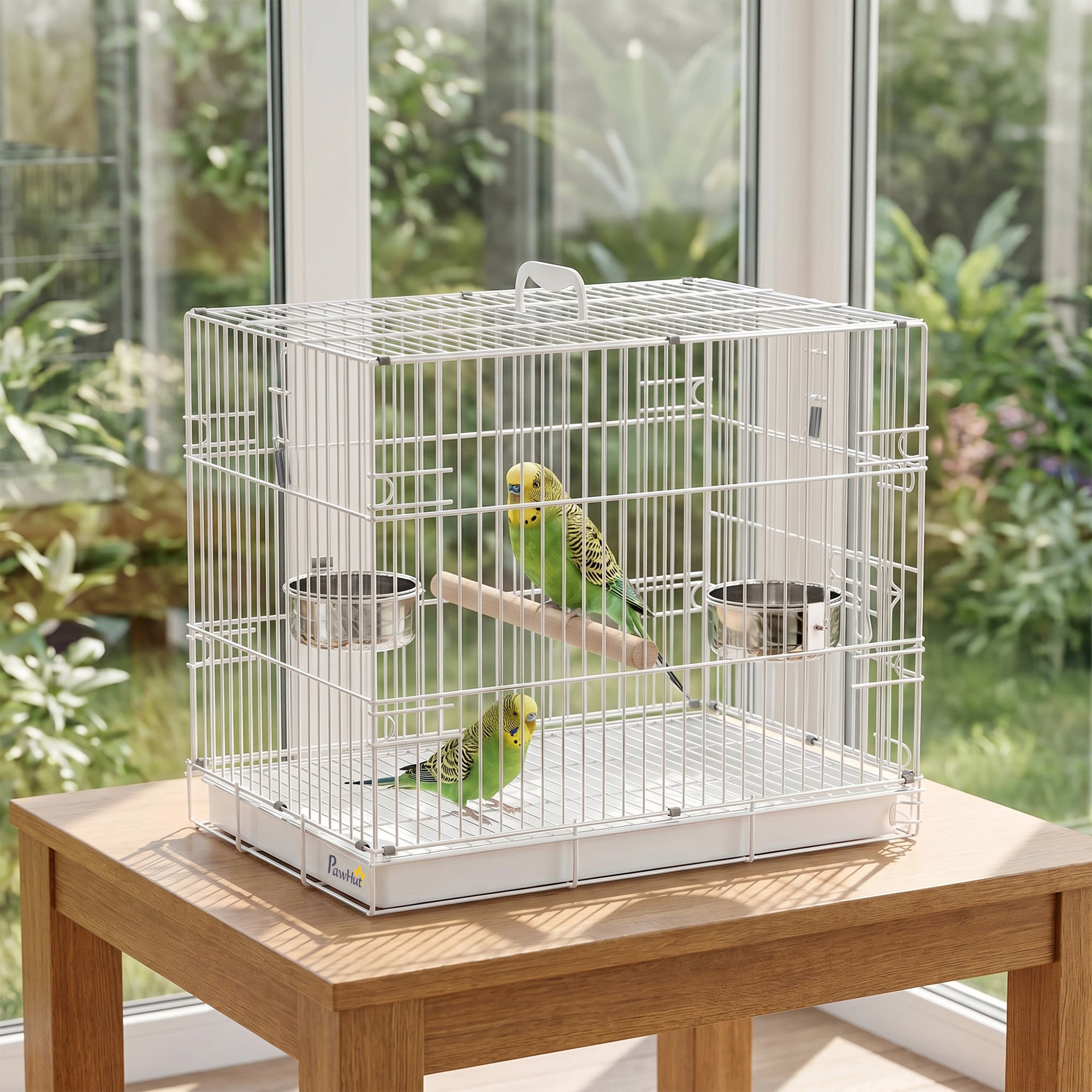 Collapsible Bird Cage with Wooden Perch, 2 Stainless Bowls & Carry Handle — Steel Cage with Removable Tray for Budgies & Cockatiels, White, 49 x 31 x 40 cm (19.3 x 12.2 x 15.7 in)