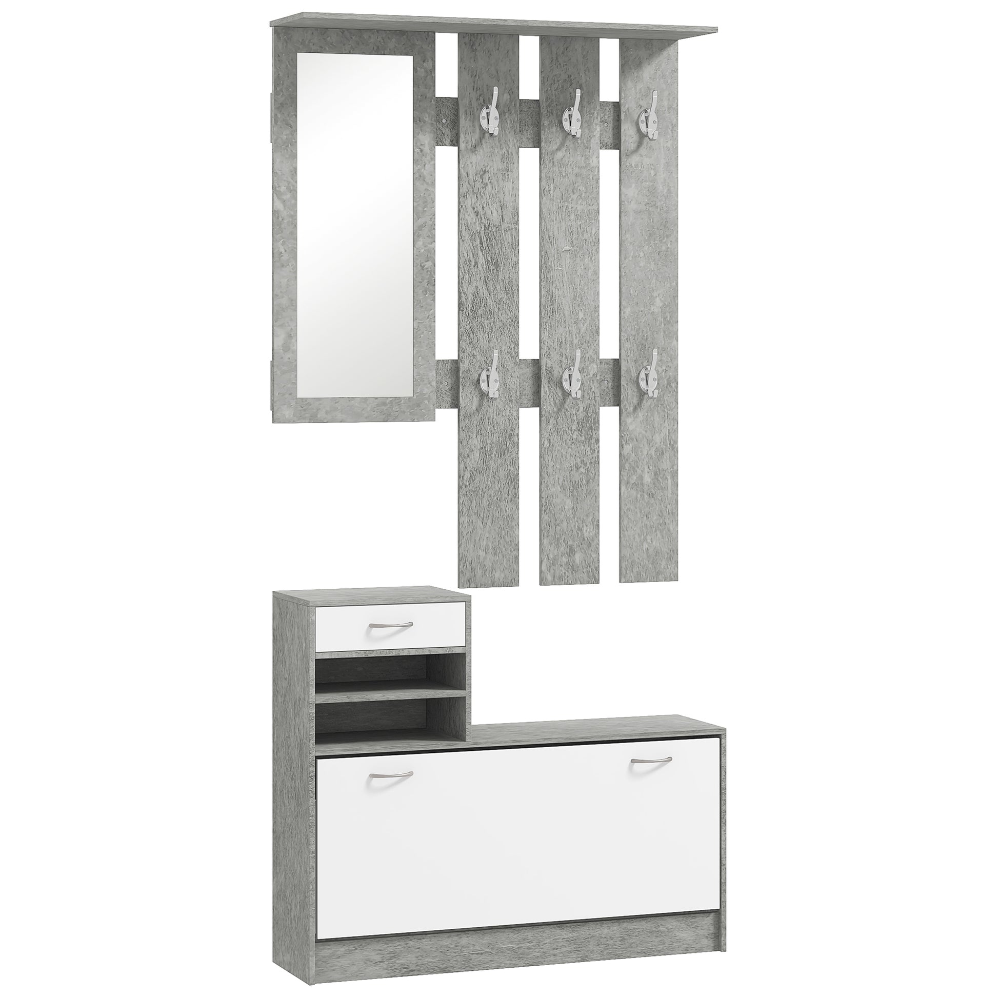 Modern Entryway Furniture Set with Shoe Cabinet and Mirror, Entry Coat Rack with 6 Hooks, 2 Adjustable Shelves and Wooden Drawers for Hallway, 90x24x177 cm, White and Light Gray