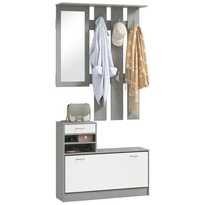 Modern Entryway Furniture Set with Shoe Cabinet and Mirror, Entry Coat Rack with 6 Hooks, 2 Adjustable Shelves and Wooden Drawers for Hallway, 90x24x177 cm, White and Light Gray