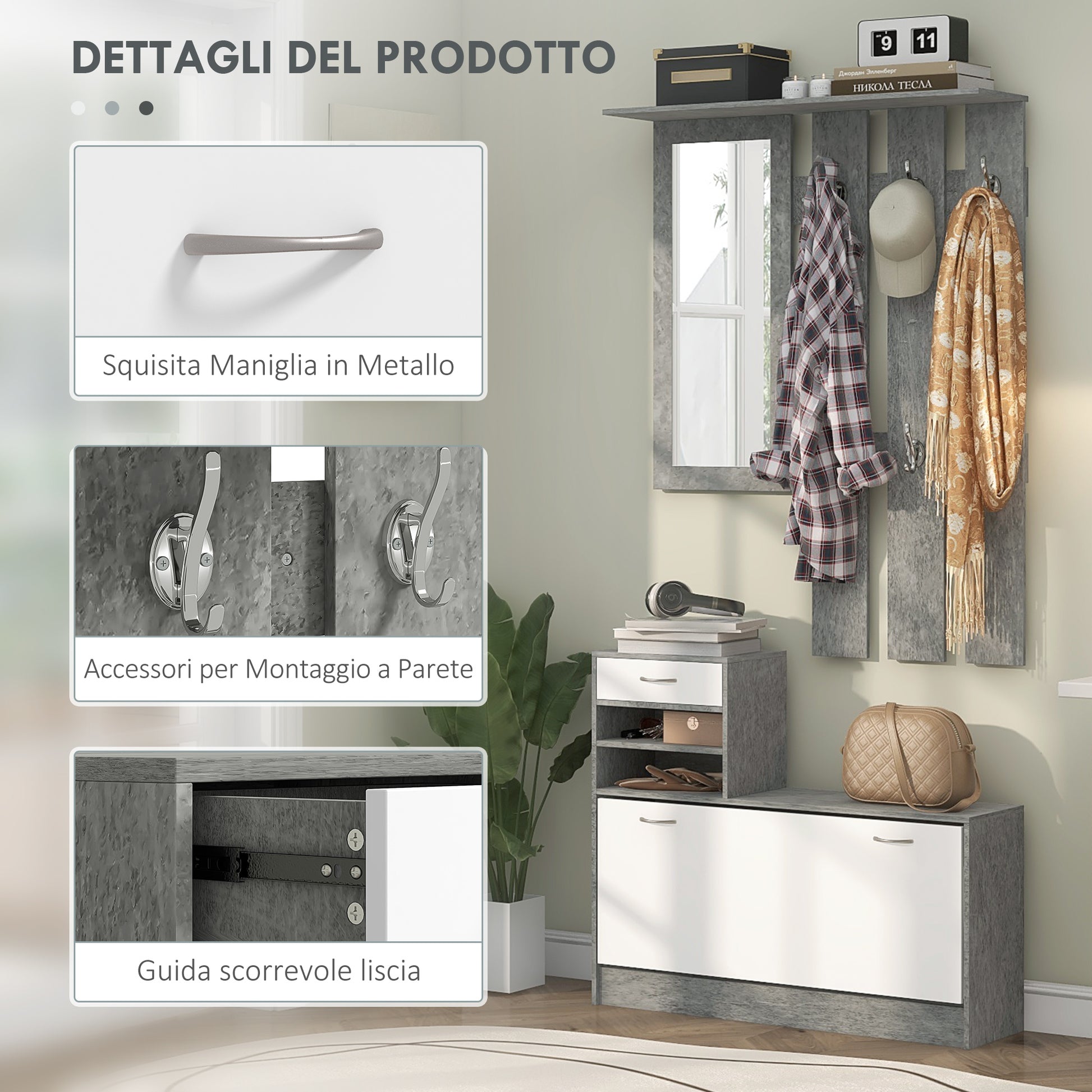 Modern Entryway Furniture Set with Shoe Cabinet and Mirror, Entry Coat Rack with 6 Hooks, 2 Adjustable Shelves and Wooden Drawers for Hallway, 90x24x177 cm, White and Light Gray