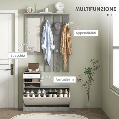 Modern Entryway Furniture Set with Shoe Cabinet and Mirror, Entry Coat Rack with 6 Hooks, 2 Adjustable Shelves and Wooden Drawers for Hallway, 90x24x177 cm, White and Light Gray