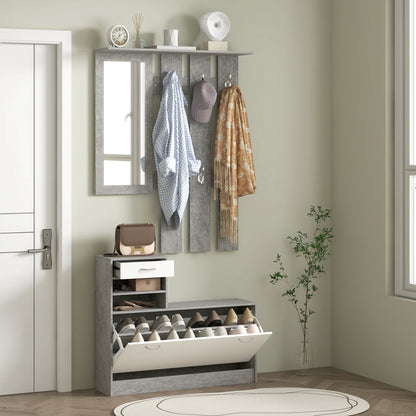 Modern Entryway Furniture Set with Shoe Cabinet and Mirror, Entry Coat Rack with 6 Hooks, 2 Adjustable Shelves and Wooden Drawers for Hallway, 90x24x177 cm, White and Light Gray