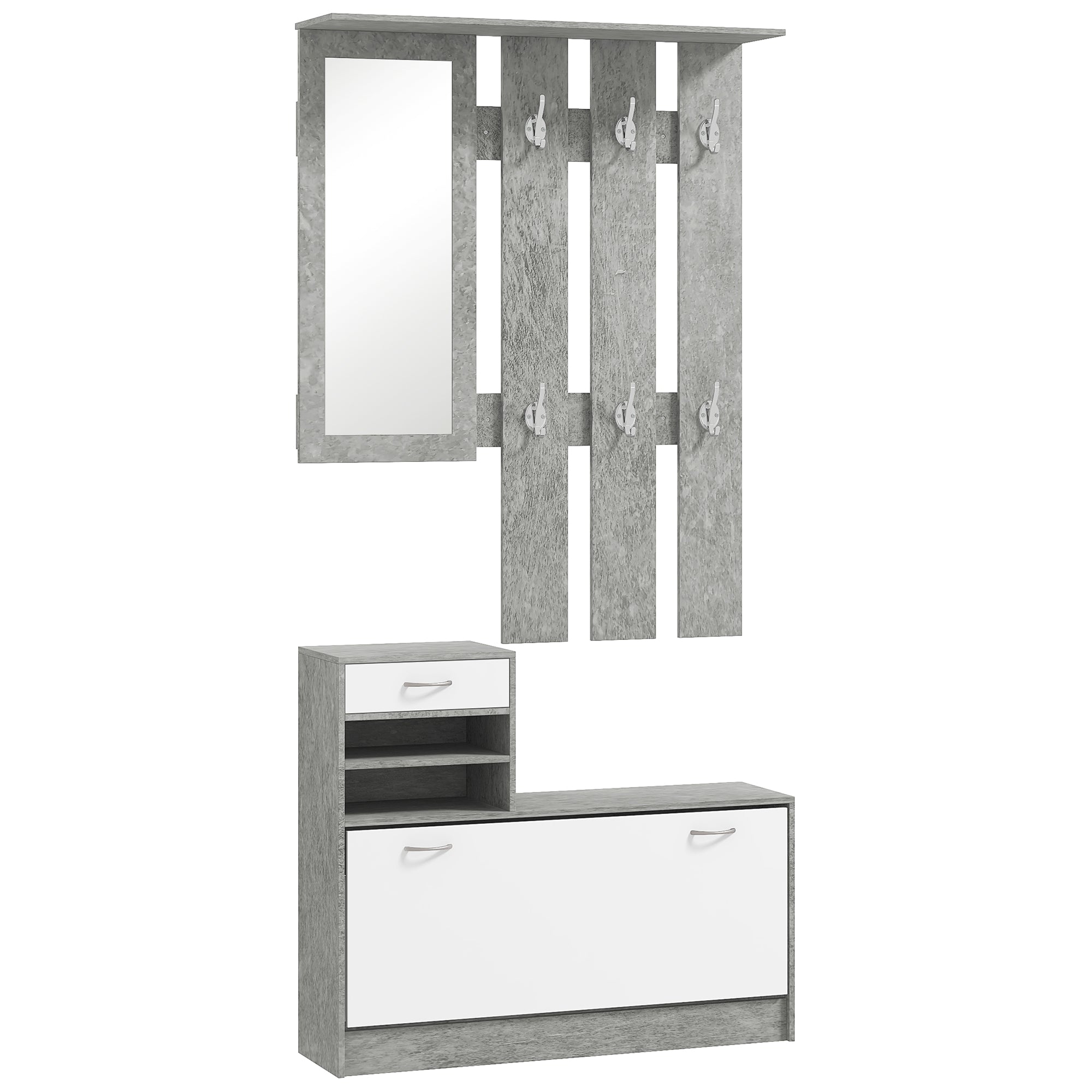 Modern Entryway Furniture Set with Shoe Cabinet and Mirror, Entry Coat Rack with 6 Hooks, 2 Adjustable Shelves and Wooden Drawers for Hallway, 90x24x177 cm, White and Light Gray