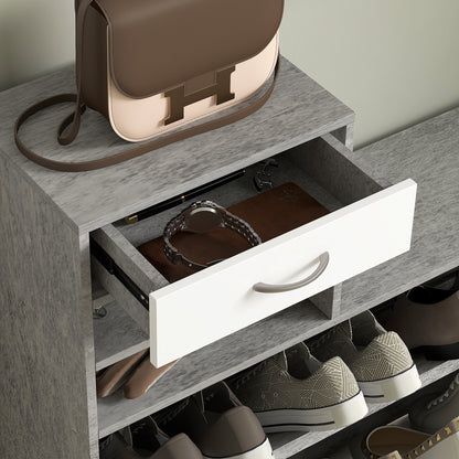 Modern Entryway Furniture Set with Shoe Cabinet and Mirror, Entry Coat Rack with 6 Hooks, 2 Adjustable Shelves and Wooden Drawers for Hallway, 90x24x177 cm, White and Light Gray