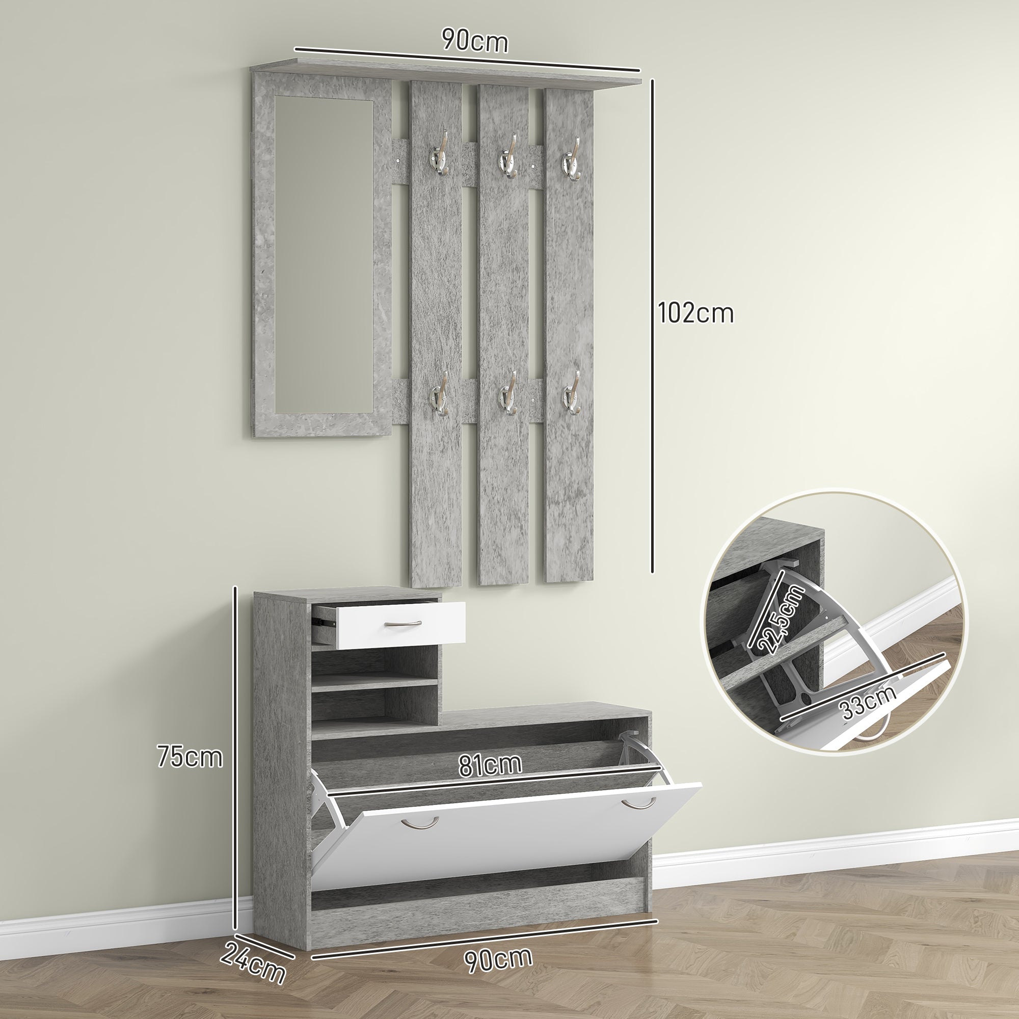 Modern Entryway Furniture Set with Shoe Cabinet and Mirror, Entry Coat Rack with 6 Hooks, 2 Adjustable Shelves and Wooden Drawers for Hallway, 90x24x177 cm, White and Light Gray
