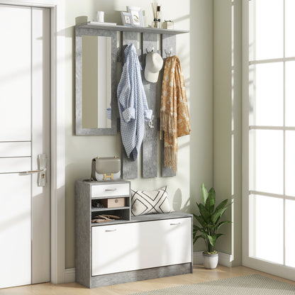 Modern Entryway Furniture Set with Shoe Cabinet and Mirror, Entry Coat Rack with 6 Hooks, 2 Adjustable Shelves and Wooden Drawers for Hallway, 90x24x177 cm, White and Light Gray