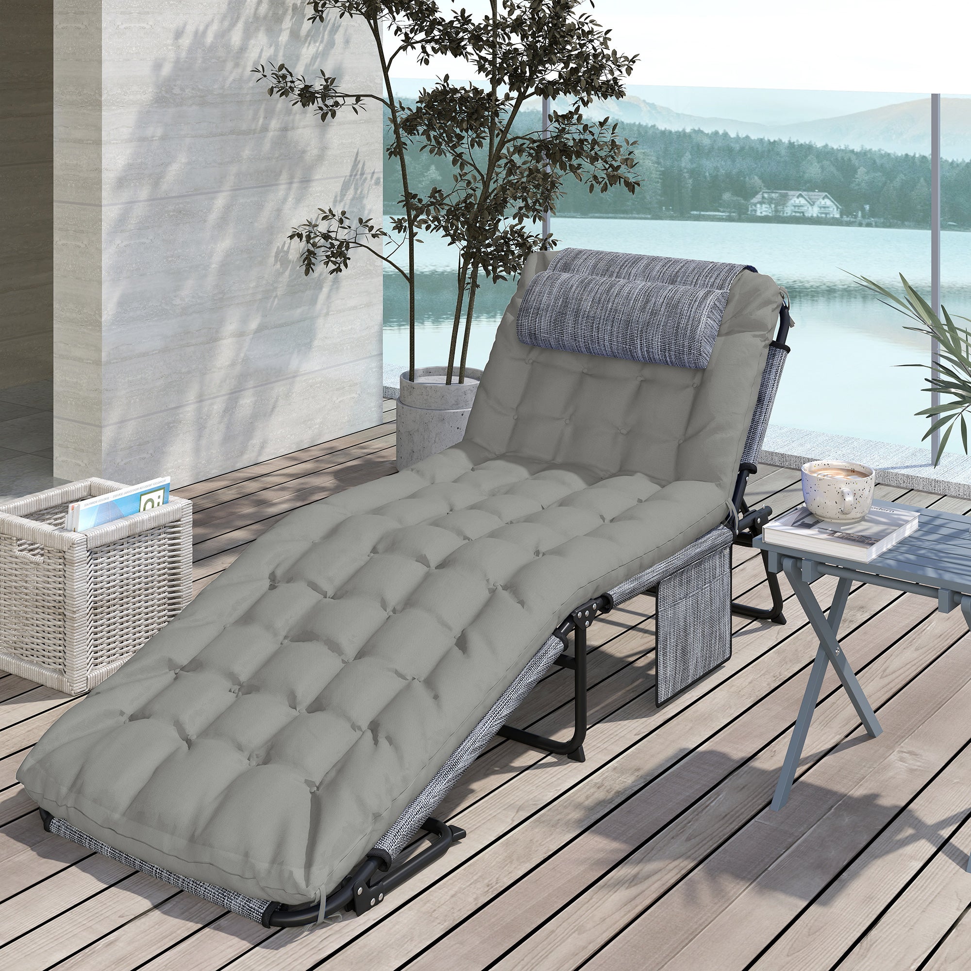 Foldable and Reclining Garden Lounger with Side Pocket, Headrest, and Cushion, Lounger in Mesh Fabric, Polyester and Steel, 68x189x30 cm, Black and Gray