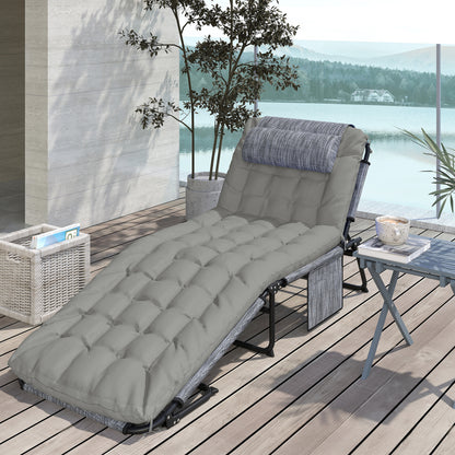 Foldable and Reclining Garden Lounger with Side Pocket, Headrest, and Cushion, Lounger in Mesh Fabric, Polyester and Steel, 68x189x30 cm, Black and Gray