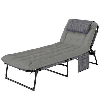 Foldable and Reclining Garden Lounger with Side Pocket, Headrest, and Cushion, Lounger in Mesh Fabric, Polyester and Steel, 68x189x30 cm, Black and Gray
