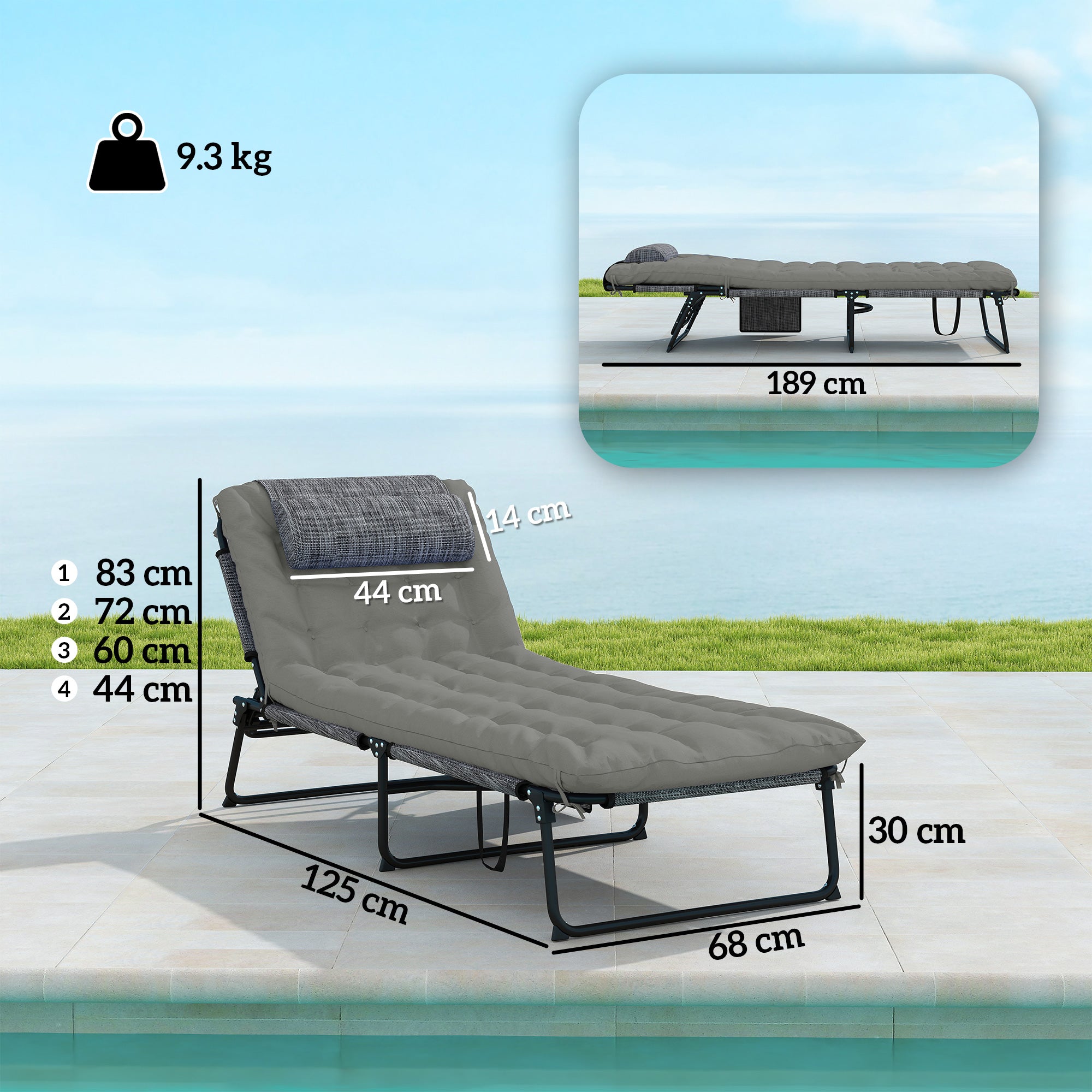 Foldable and Reclining Garden Lounger with Side Pocket, Headrest, and Cushion, Lounger in Mesh Fabric, Polyester and Steel, 68x189x30 cm, Black and Gray