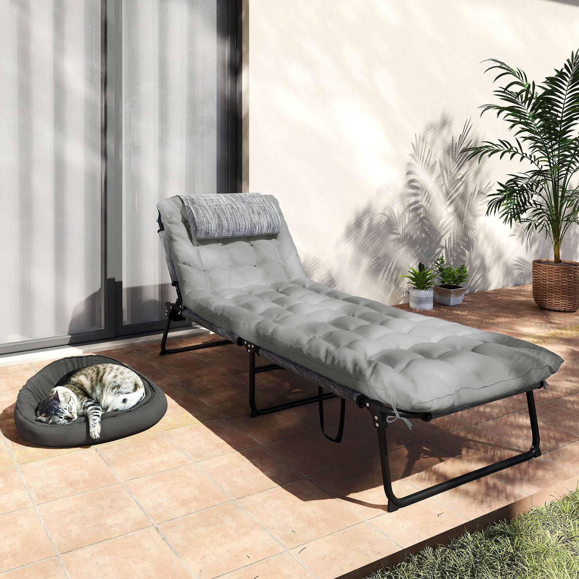 Foldable and Reclining Garden Lounger with Side Pocket, Headrest, and Cushion, Lounger in Mesh Fabric, Polyester and Steel, 68x189x30 cm, Black and Gray