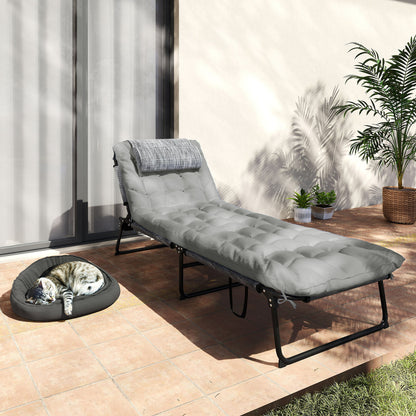 Foldable and Reclining Garden Lounger with Side Pocket, Headrest, and Cushion, Lounger in Mesh Fabric, Polyester and Steel, 68x189x30 cm, Black and Gray