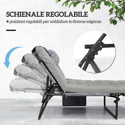 Foldable and Reclining Garden Lounger with Side Pocket, Headrest, and Cushion, Lounger in Mesh Fabric, Polyester and Steel, 68x189x30 cm, Black and Gray