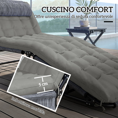 Foldable and Reclining Garden Lounger with Side Pocket, Headrest, and Cushion, Lounger in Mesh Fabric, Polyester and Steel, 68x189x30 cm, Black and Gray