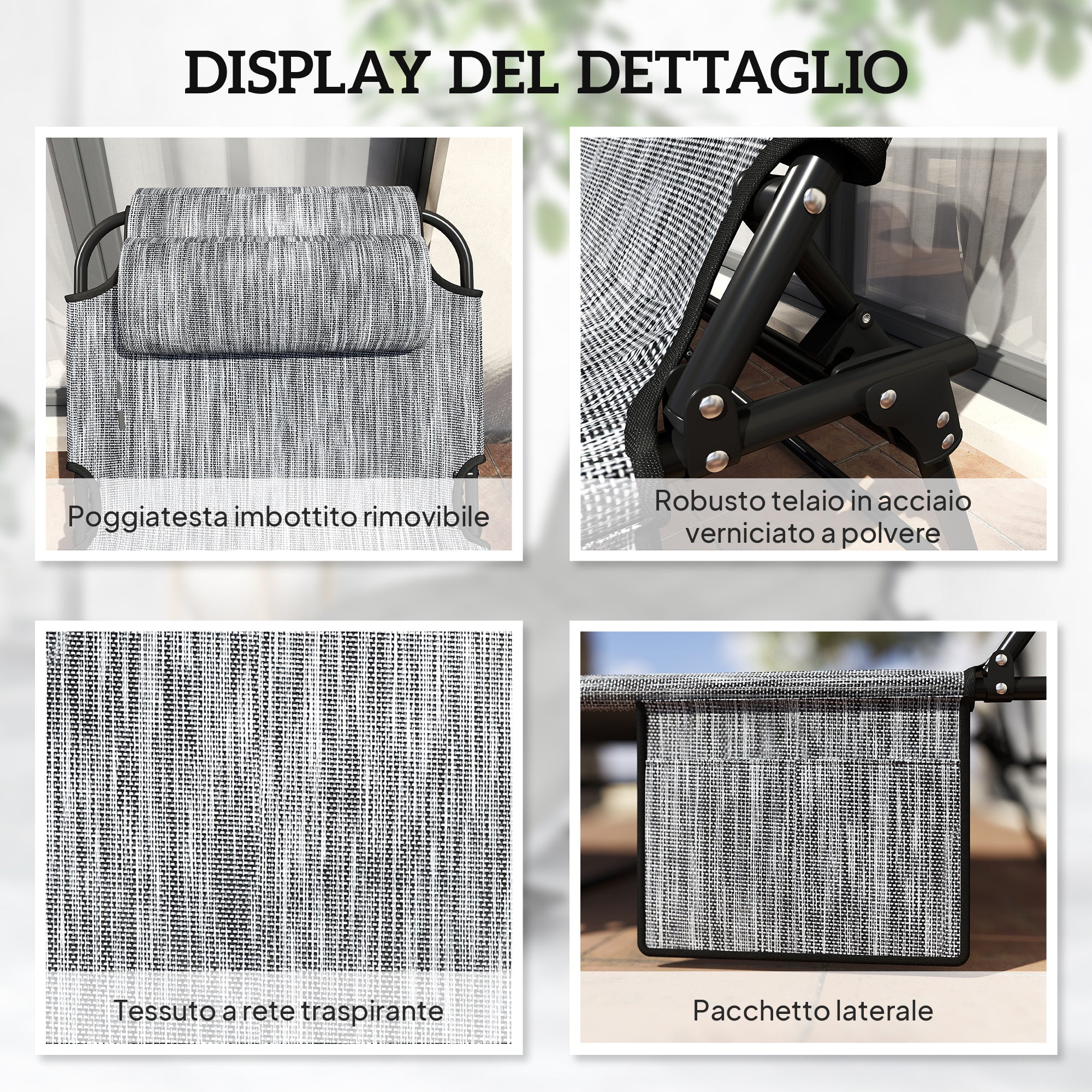 Foldable and Reclining Garden Lounger with Side Pocket, Headrest, and Cushion, Lounger in Mesh Fabric, Polyester and Steel, 68x189x30 cm, Black and Gray