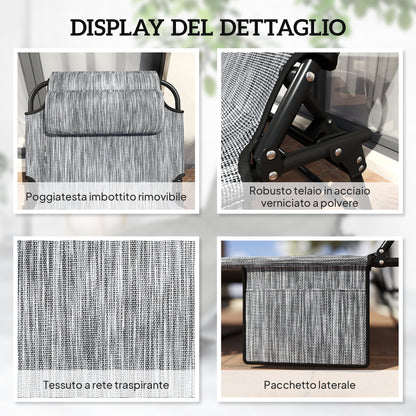 Foldable and Reclining Garden Lounger with Side Pocket, Headrest, and Cushion, Lounger in Mesh Fabric, Polyester and Steel, 68x189x30 cm, Black and Gray